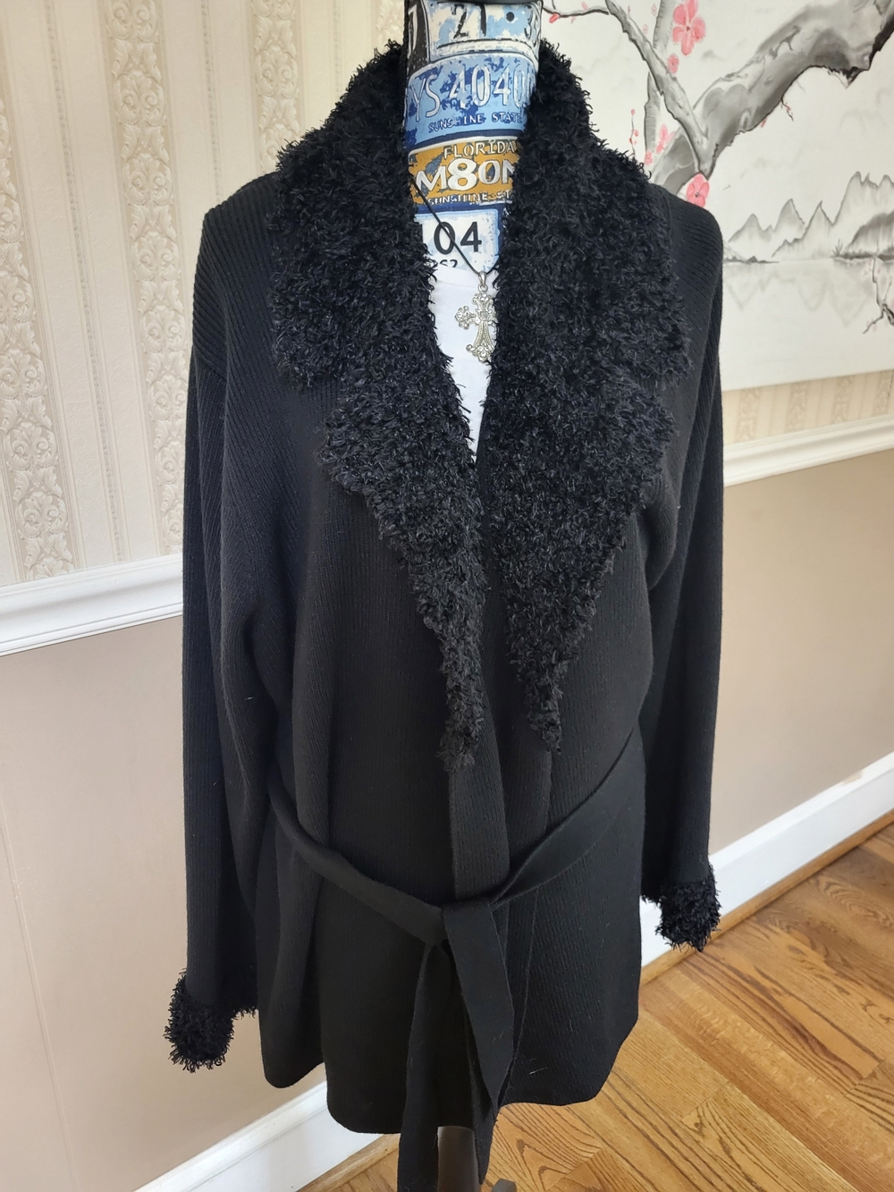 Black Faux-Fur Trim Belted Women's Cardigan, 3x